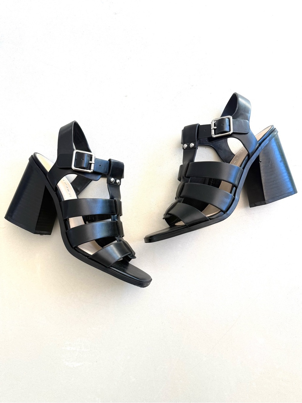 Marc Fisher Foryst Black Vegan Leather Heeled Strappy Sandals 7.5